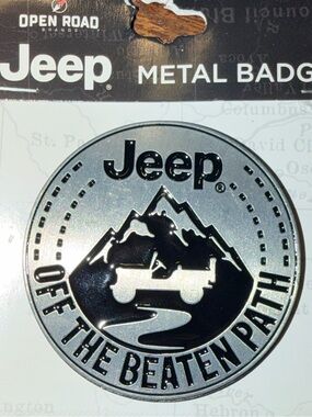 New in Package Jeep badge “Off the Beaten Path” Silver and Black